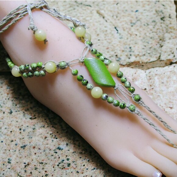 NEW Green & Yellow Beaded Barefoot Sandals. Handmade foot jewelry. - Picture 2 of 6